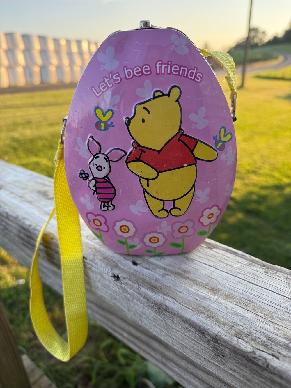 Vintage Winnie the Pooh Pink Kids Crossbody Bag with Yellow Strap egg carrier